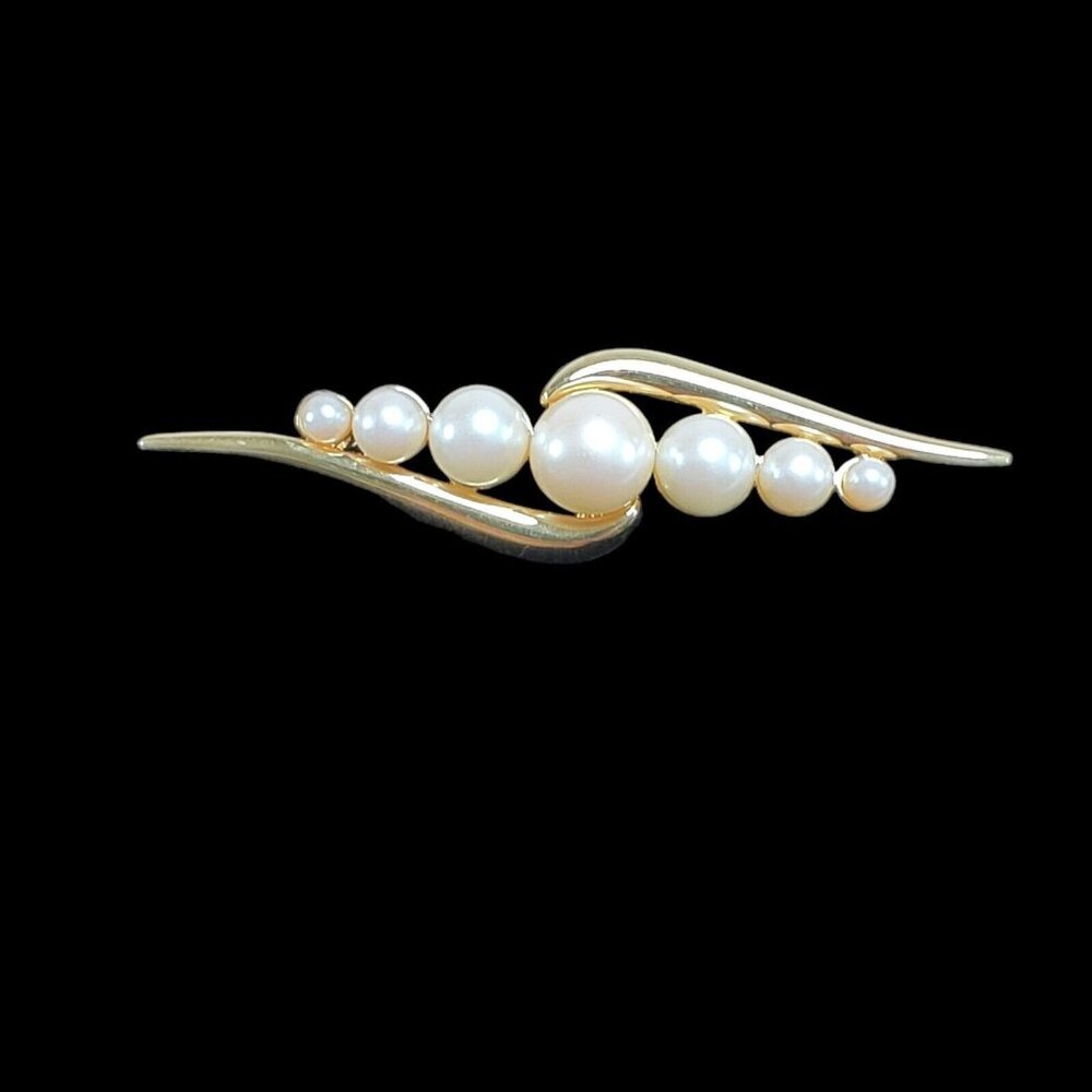 Vintage Monet Brooch Gold Tone Faux Pearl Bar Pin 2.5” Signed MONET